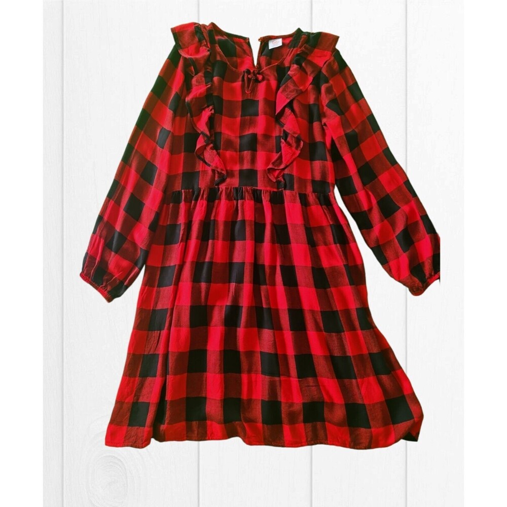 Wonder Nation Girls Long Sleeve Crew Neck Pleated Red Black Plaid Dress Size XXL